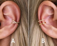 two images of the same ear with different types of piercings on them and one has an arrow in it