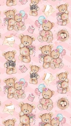 a bunch of brown teddy bears sitting next to each other on top of a pink background