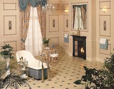 a bath room with a tub and a fire place