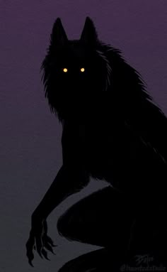 a black wolf with glowing yellow eyes sitting in the dark, looking at the camera