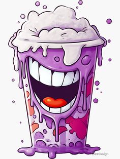 a purple cup filled with liquid and smiling