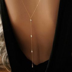 Long Crystal Necklace | Elegant Back Chain Sexy Necklace | Open Back Dress Accessories | Sparkly Formal Gold Necklace For Women This Very Elegant Necklace Is Perfect For That Special Occasion Such As A Wedding, Party Or Special Occasion. This Has A Delicate Round Cz In The Front And 3 In The Back. Gorgeous! Each Necklace Is Handmade From Your Order And It's 14k Gold Filled. Back Spine Jewelry, Back Necklace Wedding Pearl, Wedding Dress Chain Back, Body Necklace Over Dress, Wedding Back Necklaces, Necklace For Formal V Neck Dress, Elegant Backless Body Chain For Party, Elegant Party Body Chain, Party Clavicle Body Chain