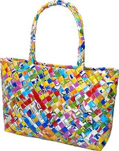 a multicolored handbag is displayed on a white background with no people around it