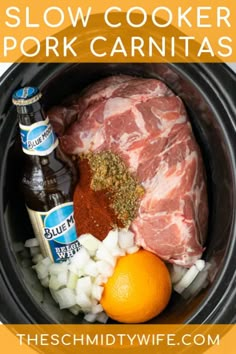 the crock pot contains meat, onions, and beer