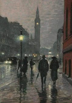 a painting of people walking down the street at night