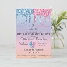 a pink and blue ombreed wedding card