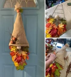 a collage of pictures showing how to make a scarecrow hat out of burlap