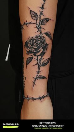 a black and white rose tattoo on the left arm, with barbed wire around it