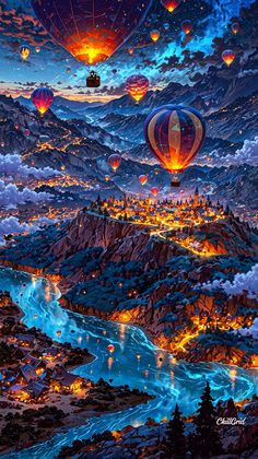 a painting of hot air balloons flying over a city at night with mountains in the background