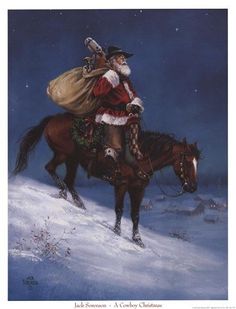 a painting of a man riding on the back of a brown horse in the snow