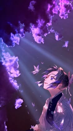 an anime character with long hair standing in front of purple clouds and blue sky, looking up to the sky