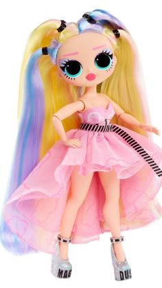 a doll with long blonde hair wearing a pink dress