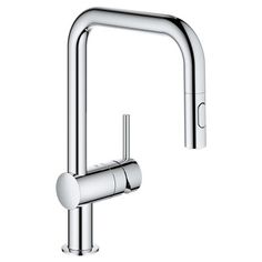 a chrome sink faucet with the handle and pull out spout, on a white