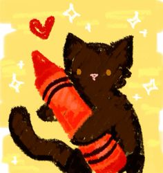 a drawing of a black cat holding a red crayon in it's paws