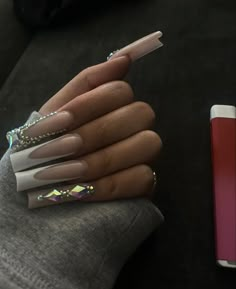 Bling Out Acrylic Nails, Easy Rhinestone Nail Designs, Xl Baddie Nails, Extra Long Acrylic Nails Square, Long French Tip Nails With Rhinestones, Extra Nails Acrylic, Classy Baddie Nails Acrylic, Cute Nails With Rhinestones, Nails Xl Square