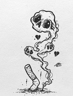 a black and white drawing of a skeleton with hearts coming out of it's mouth