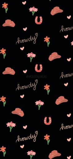 a black background with pink and orange flowers, hearts, and words that say happy holidays