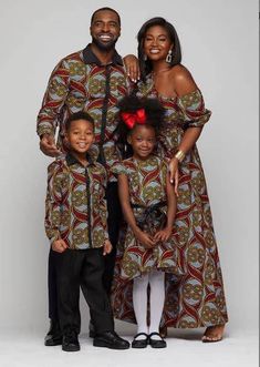 "This is an African Print Family Matching Clothing for photoshoot, wedding and other social event. Features: * Brand New 100% cotton fabric of highest grade/quality. * Carefully lined for perfect fit. * Professionally sewn and finished. This set is for husband, wife and 2 children. If you have a lesser number of family, please let me know so as to reduce the price. The price will increase if the family is more than five. Before ordering, kindly go through the available fabrics and size chart to Photoshoot African, Family Reunion Outfit, Reunion Outfit, African American Family, African Wedding Dress, Matching Outfit, Black Families, African Wedding, Fashion Joggers