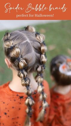 Spiders In Hair Halloween, Spider Braids For Kids, Spider Ring Hairstyle, Spider Ring Hair, Pumpkin Make Up Halloween Kids, Spider Rings In Hair, Halloween Bubble Braids, Halloween Hair With Spiders, Spider Witch Costume Diy