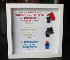 there is a framed poster with legos on it that says, there is a right and wrong in the universe