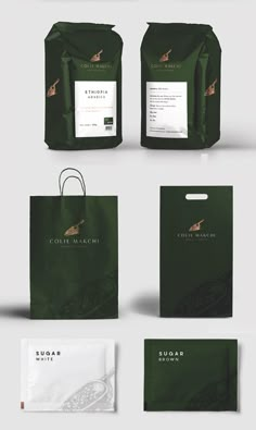 the packaging design for coffee beans is shown in three different colors and sizes, including dark green