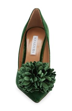 A voluminous pompom composed of soft petals brings the beauty of a blossoming paradise to an Italian-crafted pump boasting an emerald-hued velvet upper. 4" (105mm) heel Textile upper/leather lining and sole Made in Italy Designer Shoes Green Bridal Shoes, Green Dress Shoes, Embroidered Heels, Velvet Pumps, Fab Shoes, Trendy Boots, Velvet Shoes, Green Dresses, Wedding 2024