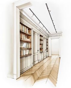 a drawing of a room with bookshelves and wooden floors