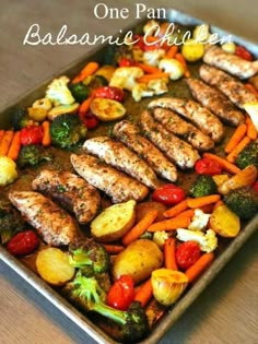 one pan balsamic chicken with roasted vegetables and broccoli on the side