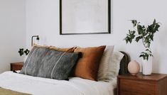 a bed with pillows and some plants on it