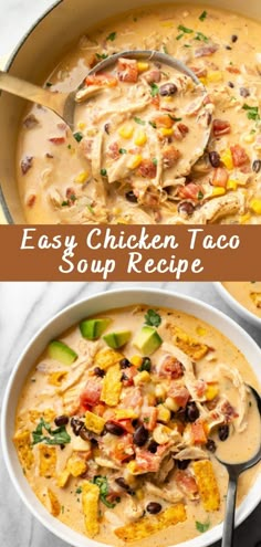 easy chicken taco soup recipe in a white bowl