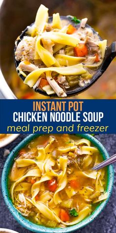 instant pot chicken noodle soup in a blue bowl