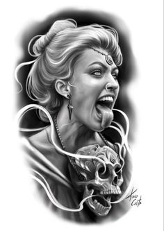 a black and white drawing of a woman with her mouth open, holding a skull