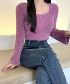 Jeans Top Korean Style, Purple Top Outfit Aesthetic, Purple Clothes Aesthetic, Winter Clothes Aesthetic, Purple Sweater Dress, Top And Jeans, Korean Casual Outfits, Fashion Drawing Dresses, Trendy Dress Outfits