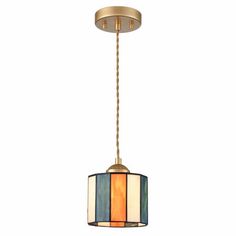 a small light fixture with a multi colored shade on the top and bottom part of it