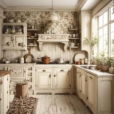 an old - fashioned kitchen with wooden floors and white cupboards, decorated in floral wallpaper