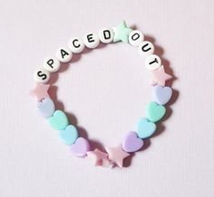 Spaced Out Aesthetic Vaporwave Pastel Goth Bracelet, Soft Grunge Pastel Hearts & Stars Word Bracelet Bracelets Kandi, Harajuku Decora, Out Aesthetic, Grunge Pastel, Neon Bracelets, Pastel Punk, Paper Crafts Magazine, Kandi Bracelets, Word Bracelet