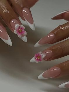 10pcs Handmade French Floral Pointed Fake Nails - Almond Shape, 3D Floral & Crystal Decor, Pink/Nude Glitter Effect, New Ins European & American Mid-Length Pointed Style, Artistic Manicure, Elegant Vacation Vibe, Delicate Floral 3D Charming, Suitable For Women & Girls Daily & Party Wear, Premium Press On Nails LongI discovered amazing products on SHEIN.com, come check them out! Paznokcie Hello Kitty, Orchid Nails, Kutek Disney, Easy Nails, Girly Acrylic Nails, Makijaż Smokey Eye, Nail Swag, White Nail, Stil Elegant