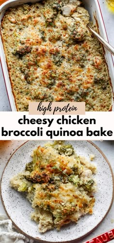 broccoli quinoa bake in a white casserole dish with text overlay