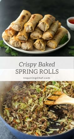 crispy baked spring rolls in a skillet with sauce on the side and an image of