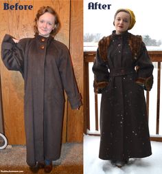 a woman wearing a coat before and after it has been made into a snowman costume