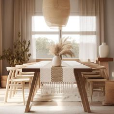 a dining room table and chairs in front of a window