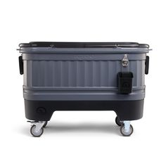 an ice chest with wheels on the side and a black lid, sitting against a white background