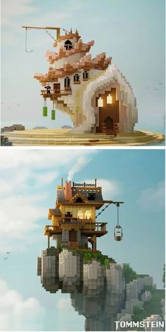 two pictures of the same house in different stages of being made out of legos