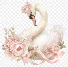 a white swan with pink flowers on it's head and ribbon around its neck