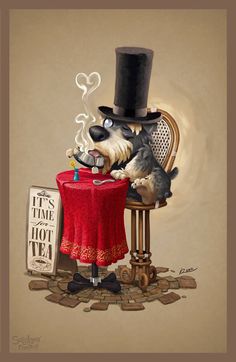 a painting of a dog sitting at a table with a top hat on it's head