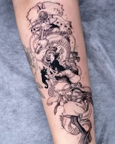 Ghibli Tattoo Sleeve, Studio Ghibli Tattoo Sleeve, Cute Anime Tattoos, Gnarly Tattoos, No Face Tattoo, Howls Moving Castle Tattoo, Miyazaki Tattoo, Princess Mononoke Tattoo