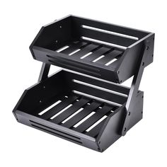 two tiered black plastic storage bins with handles on each side and one drawer open