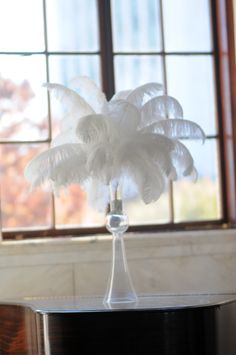 a vase with white feathers sitting on top of a table in front of a window