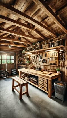 a large wooden workbench with lots of drawers and tools on the shelves in front of it