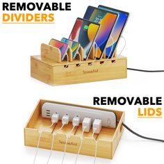 SpaceAid Bamboo Charging Station Organizer Family Charging Station Ideas, Charging Station Shelf, Wooden Charging Station, Cardboard Building, Device Charging Station